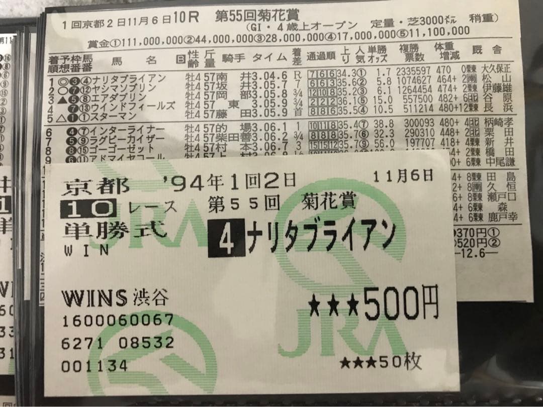 三冠馬ナリタブライアン　第55回菊花賞　単勝的中馬券