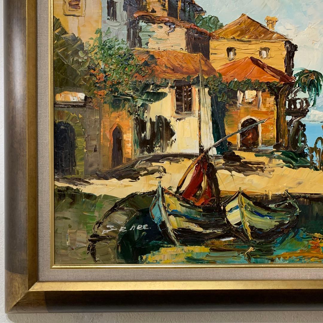 絵画　油彩肉筆画　海外作家『イタリア港風景』F10 高級額装