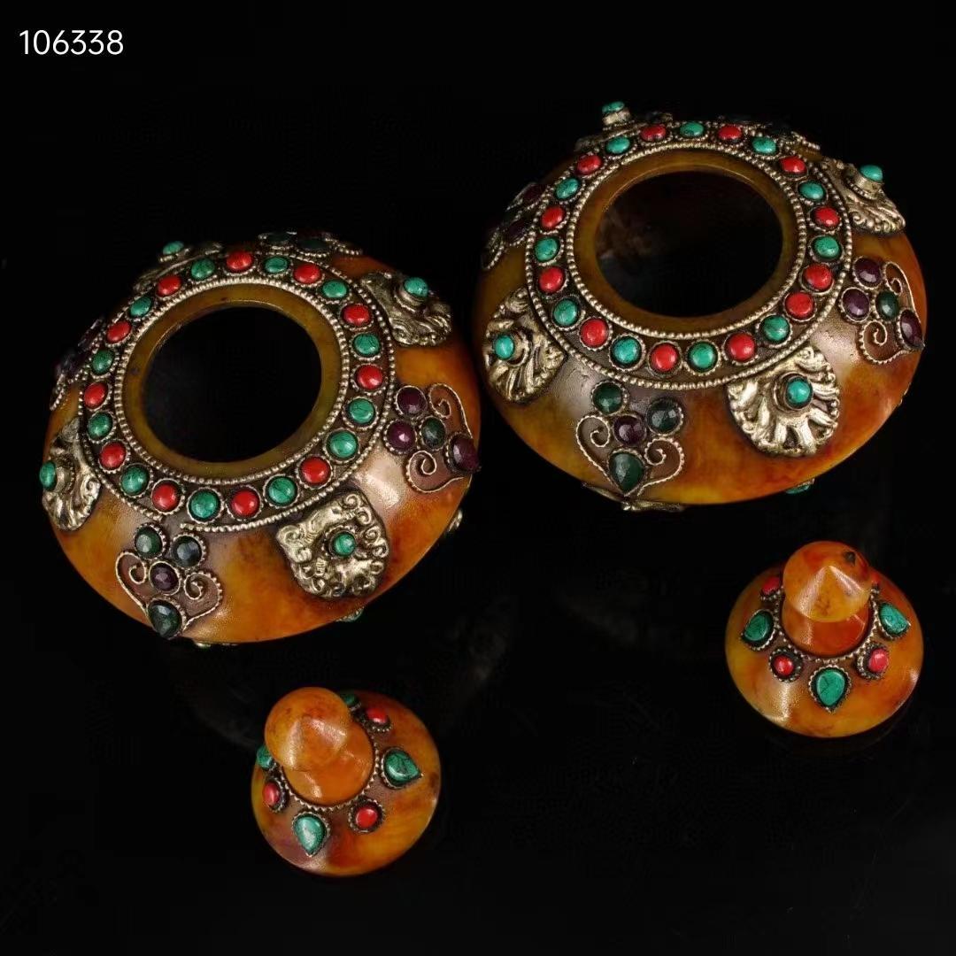 中国古美術・チベット収· 老蜜蝋純手作り・宝石掐糸多宝缶・舎利缶一対・西蔵手工芸