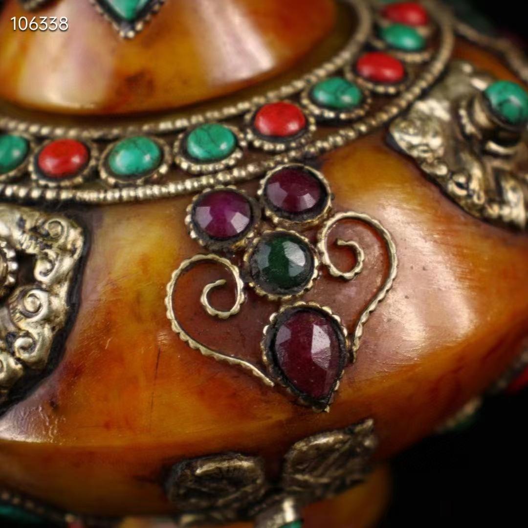 中国古美術・チベット収· 老蜜蝋純手作り・宝石掐糸多宝缶・舎利缶一対・西蔵手工芸