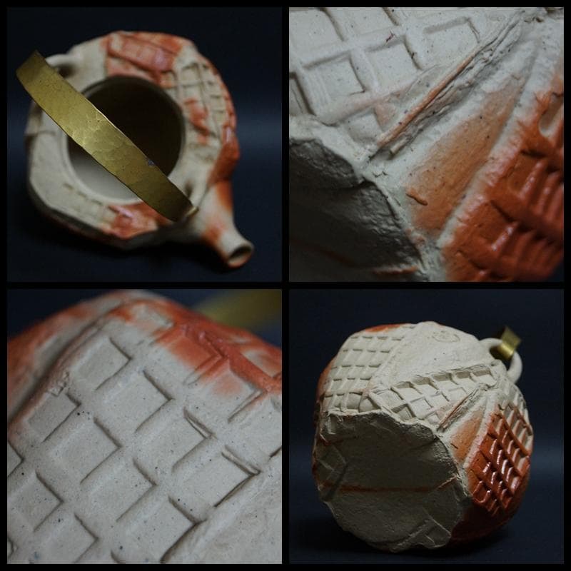 備前焼 小西陶蔵造 緋襷窯変 造形急須 黄銅打出し提手土瓶 共箱★美品★茶事