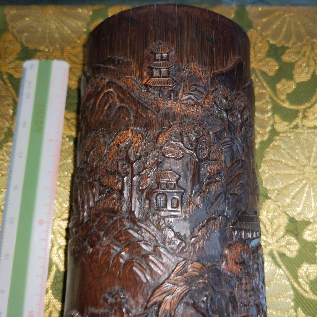 【最終価格】 中国骨董　彫刻筆筒　山水図　黒　時代品