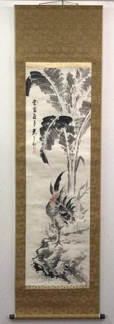 児玉果亭／田能村直入師事「軍鶏」花鳥画 水墨画 掛軸 紙本：長野県