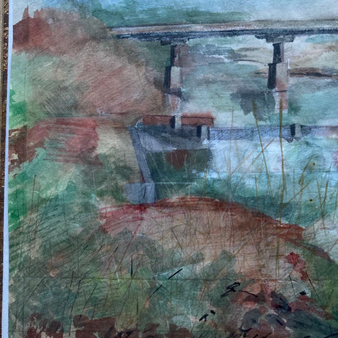 水彩画　作者不詳　橋のある風景(仮題) 額48×55絵29×35cm ￼
