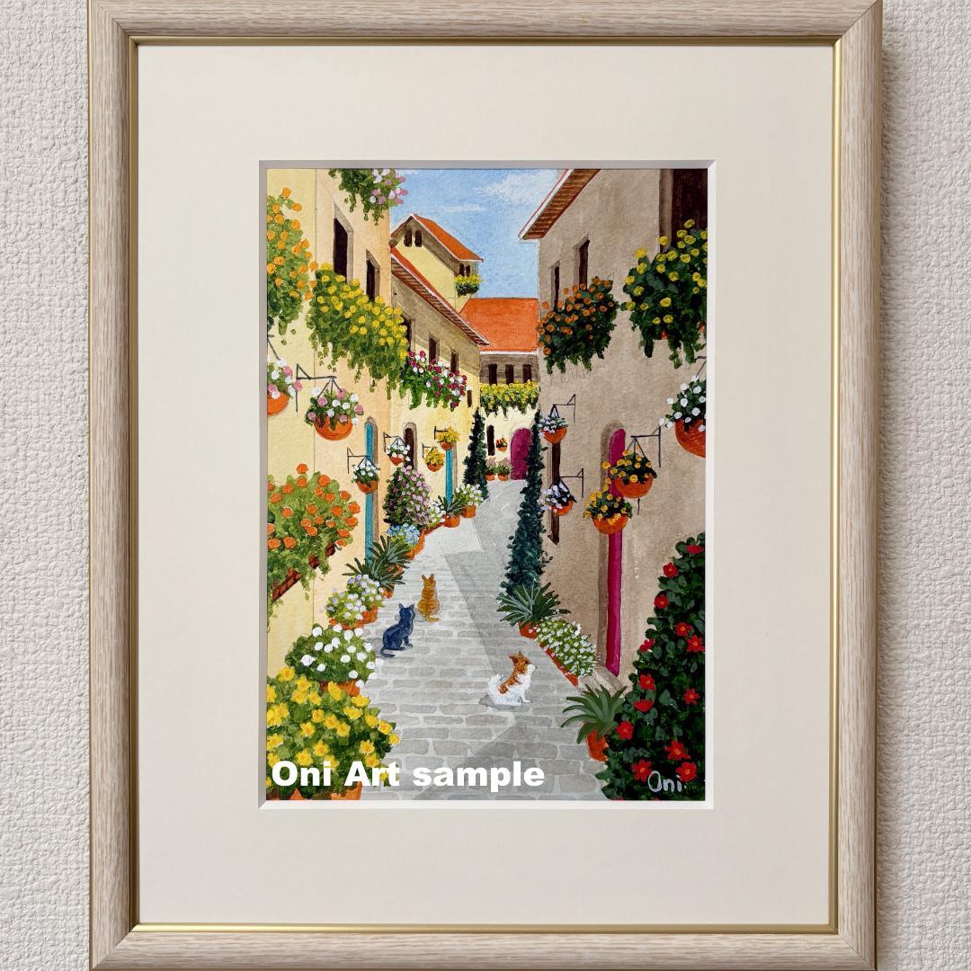 アクリル画　原画　「花の咲く路地11」額縁付　SMサイズ　風景画
