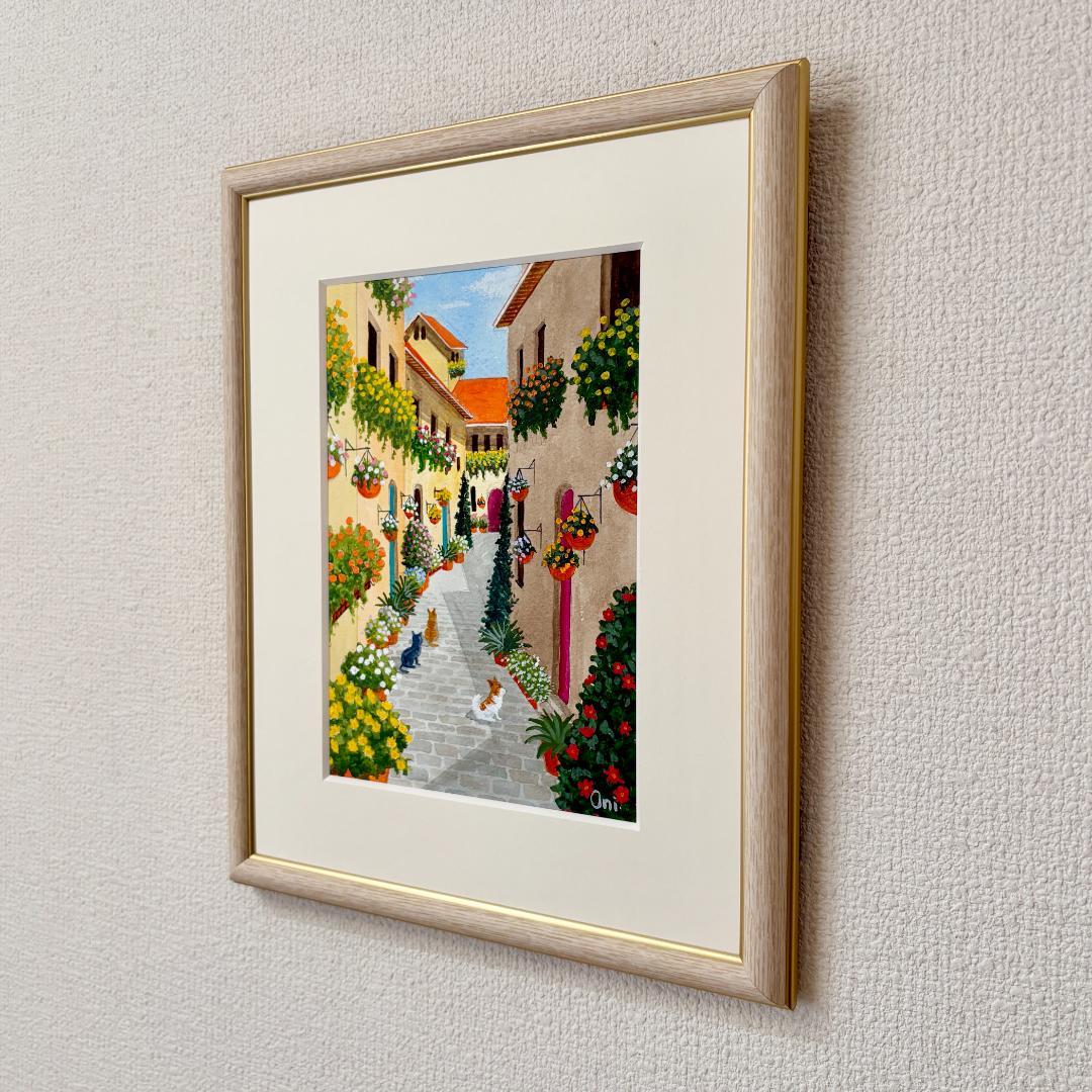 アクリル画　原画　「花の咲く路地11」額縁付　SMサイズ　風景画