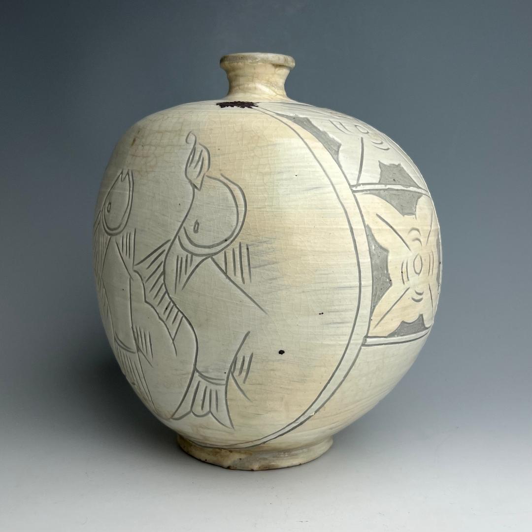 高麗三島刷毛目象嵌魚紋扁壺 李朝高麗コレクター放出品陶磁古玩朝鮮美術A1-48