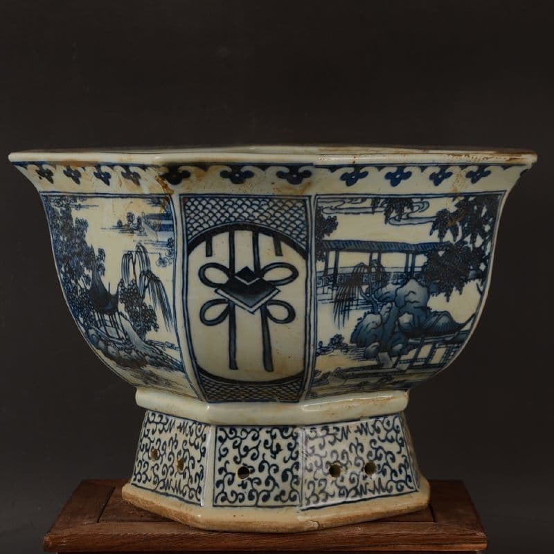 青花開窓庭楼四方高脚鉢 陶磁器 装飾品 現代工芸品美術品 置物