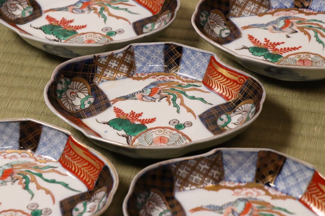 【CM53】古伊万里 桐鳳凰図 変形 刺身皿 五客 鶴 金彩 錦手 菱形 向付