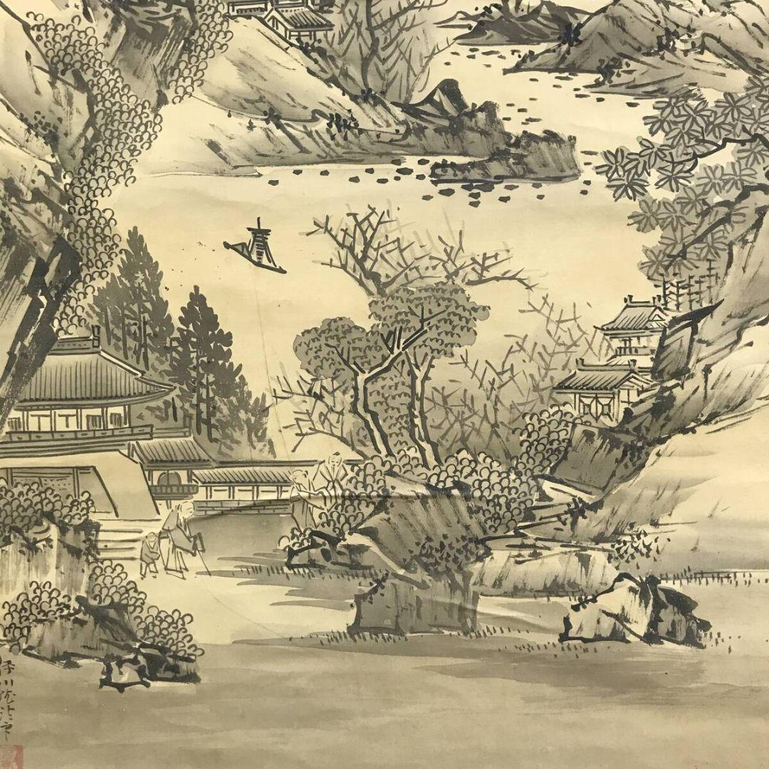 模写/狩野伊川院/山水人物図/掛軸/名家伝来/AK-303