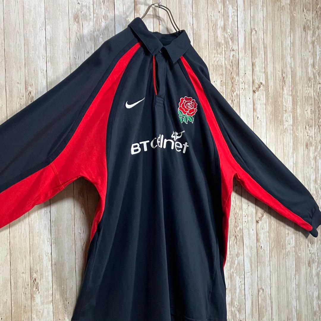 659【90s-00s】NIKE イングランド代表　ラガーシャツ　刺繍ロゴ　XL