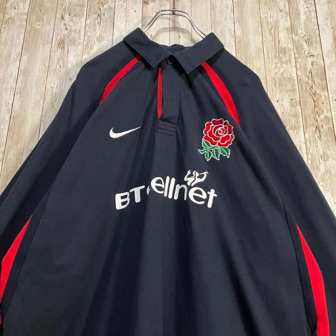 659【90s-00s】NIKE イングランド代表　ラガーシャツ　刺繍ロゴ　XL