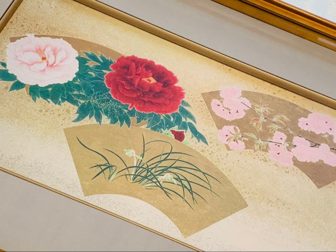 お買得！超美品☆丸山石根画伯の四季扇面花鳥図/春夏秋冬色紙4枚と額付き箱入