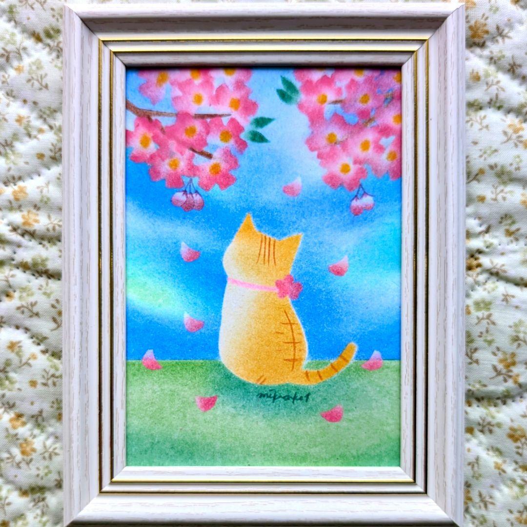 L判サイズフレーム付き原画 パステル画 マンタ ねこ