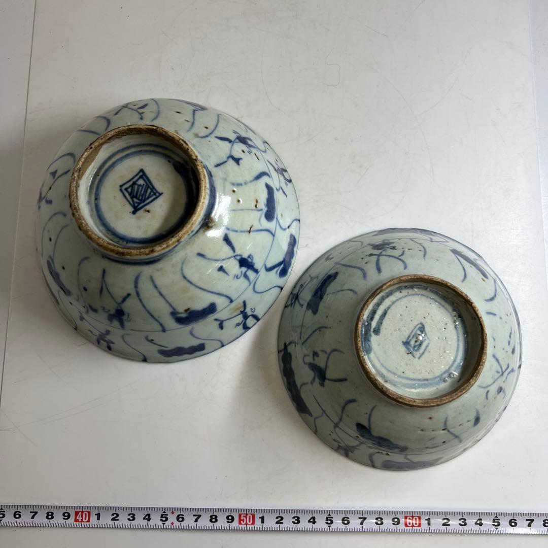 中国清朝時代　南京染付菓子鉢大小　木箱付　口径約17.8/15.5㎝