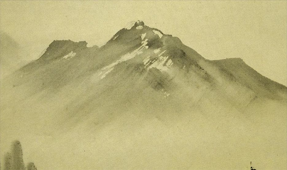 掛軸 翆雪『水墨山水』横書き 絹本 肉筆 共箱 掛け軸 g060220