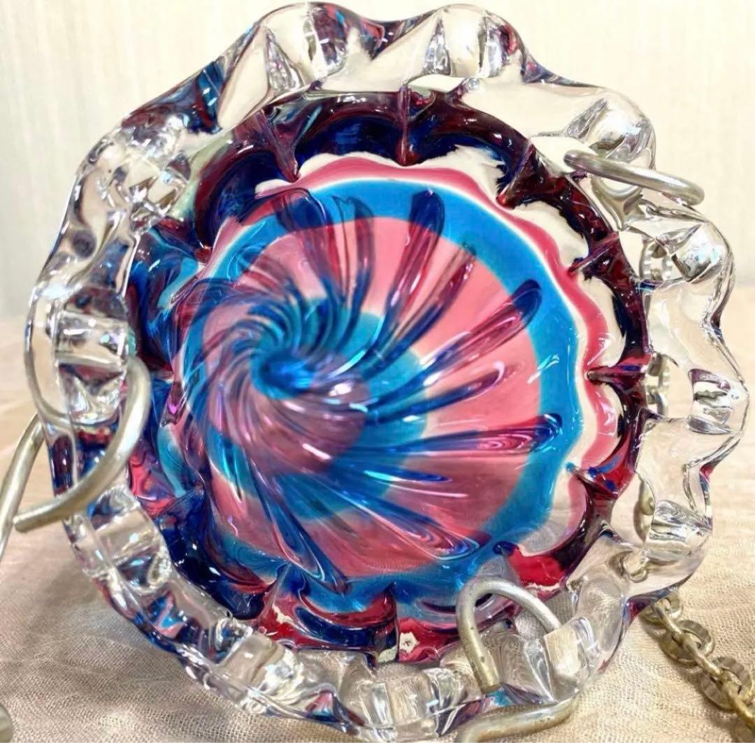 70年昭和レトロアンティーク吊り下げ花瓶ぷっくりレトロガラススパイラルランプシェ