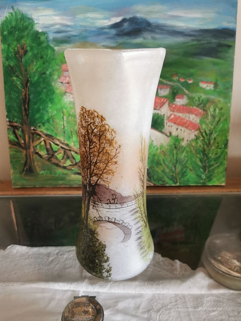 アンティーク ルグラ 橋上の母娘 ≒29㎝大型ガラス花瓶 アールヌーヴォー手描