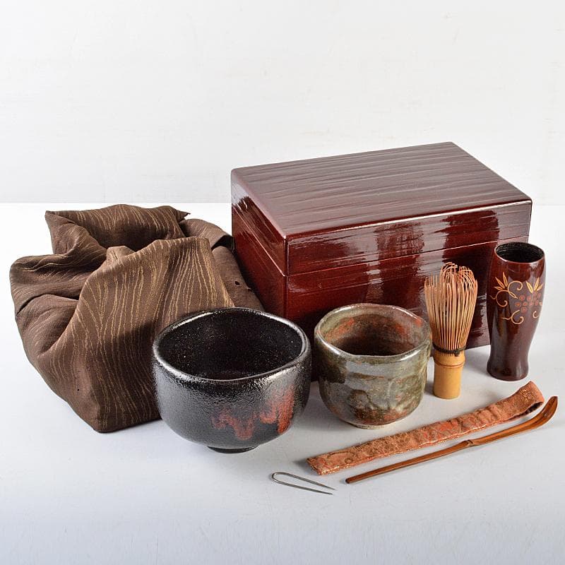 茶道具　漆塗　茶箱　茶筅筒　茶碗など　六点　一式　仕覆付　M　R5941