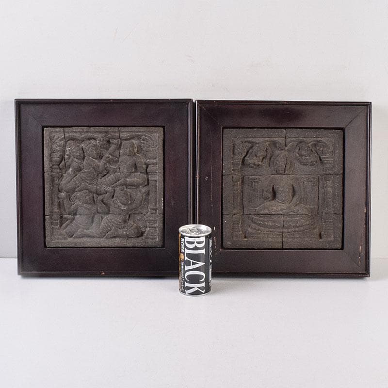 仏教美術　ボロブドゥール寺院　安山岩石粉　レプリカリリーフ　2点　V　R8999
