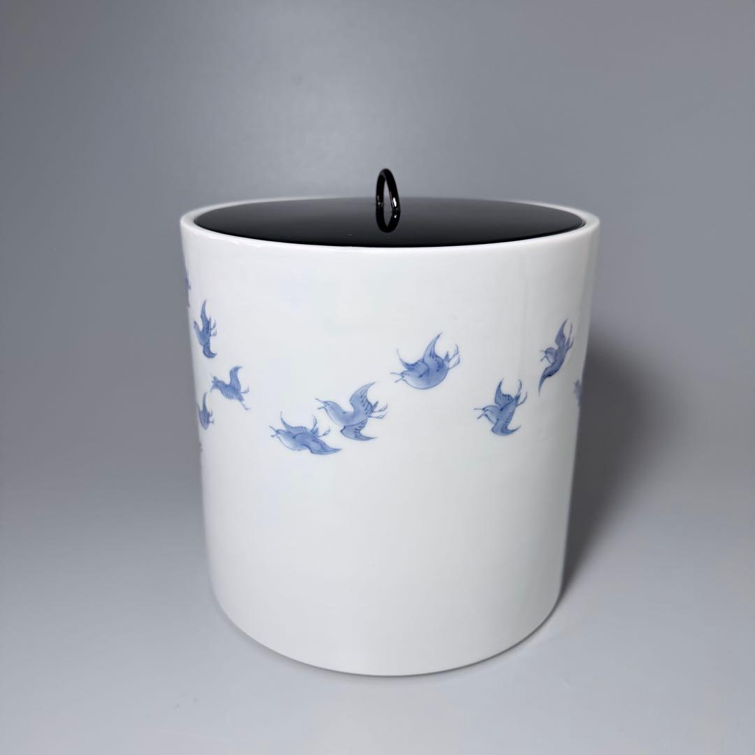 蔵*介様 明治大正期　平戸焼　染付鳥文様水指　共箱　特注蓋付　茶道具　裏千家　表