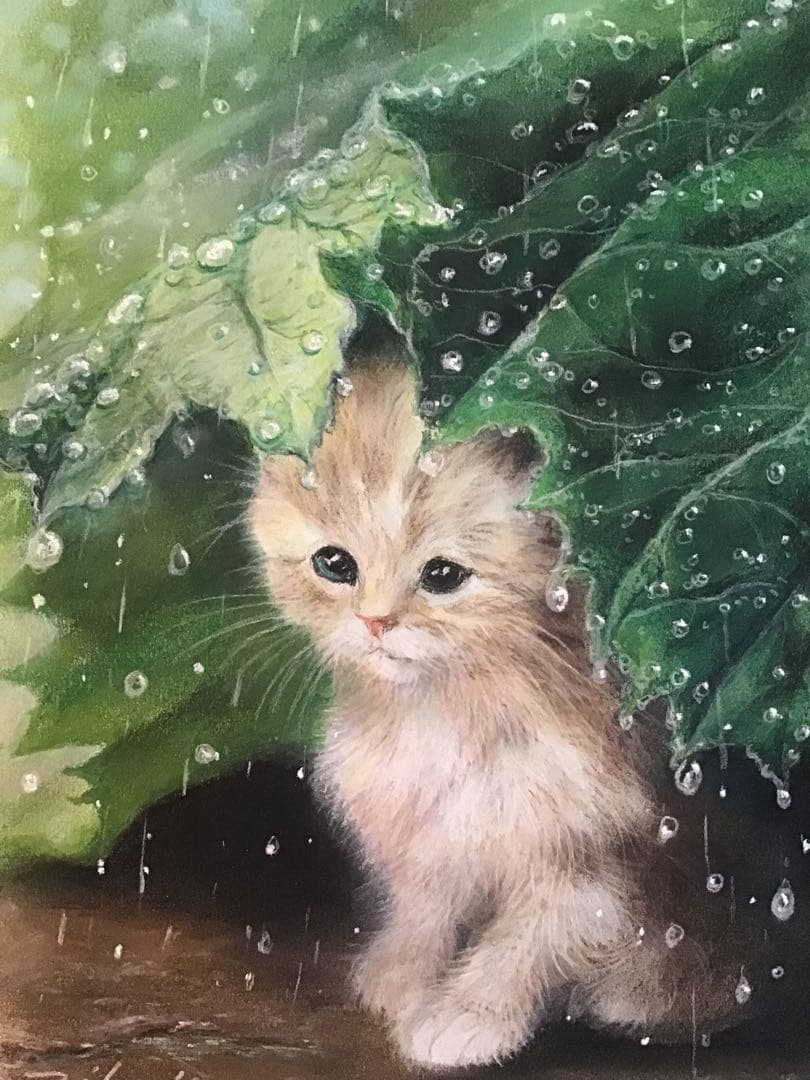 雨やどり　ハンドメイドパステル画　絵画アート原画