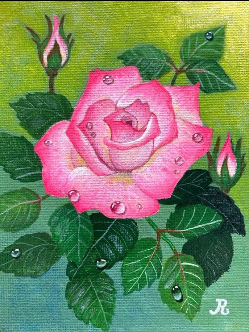 ご依頼品2点　花の絵、風景画「ダリアの咲く朝の庭」「雨上がりのバラ」