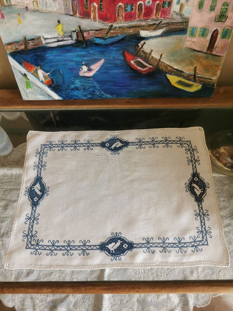 アンティークフランス 青い鳥のクロスステッチ刺繍 青糸刺繍ランナー リネンクロス