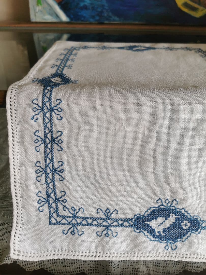 アンティークフランス 青い鳥のクロスステッチ刺繍 青糸刺繍ランナー リネンクロス