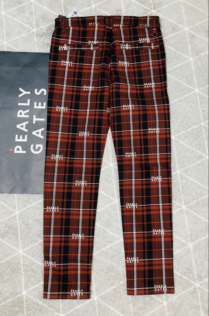 新品 パーリーゲイツ コットンストレッチカルゼチェックパンツ(5)サイズL/茶