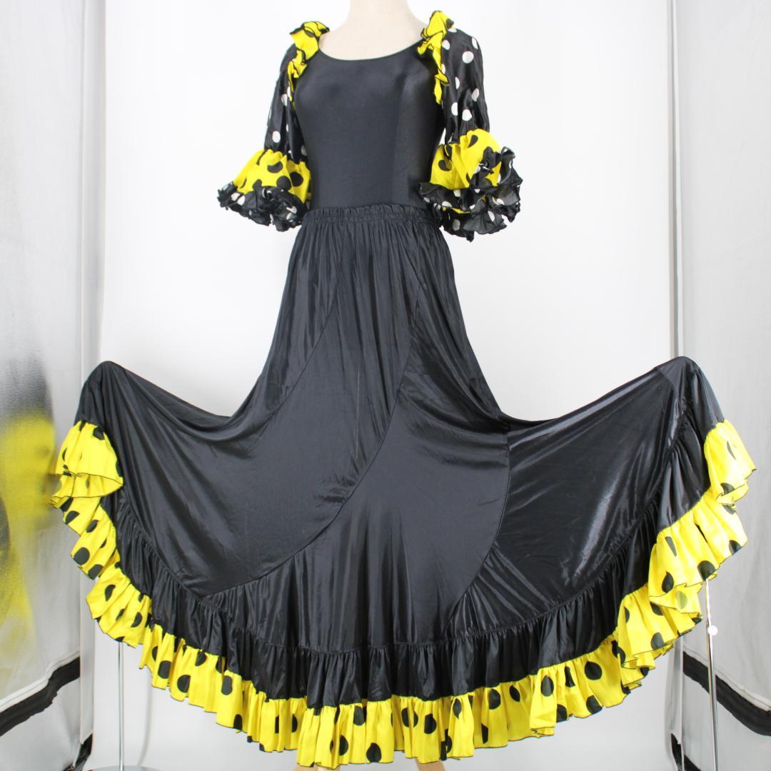 【美品 フラメンコ衣装】ブラック×ドットボランテ 上下セット ツーピース セット