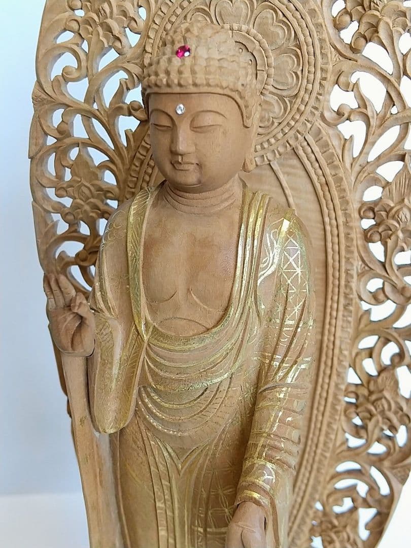 阿弥陀如来立像 5寸 #660 円台座 宝相華唐草 透彫り◆白檀 木彫 仏像