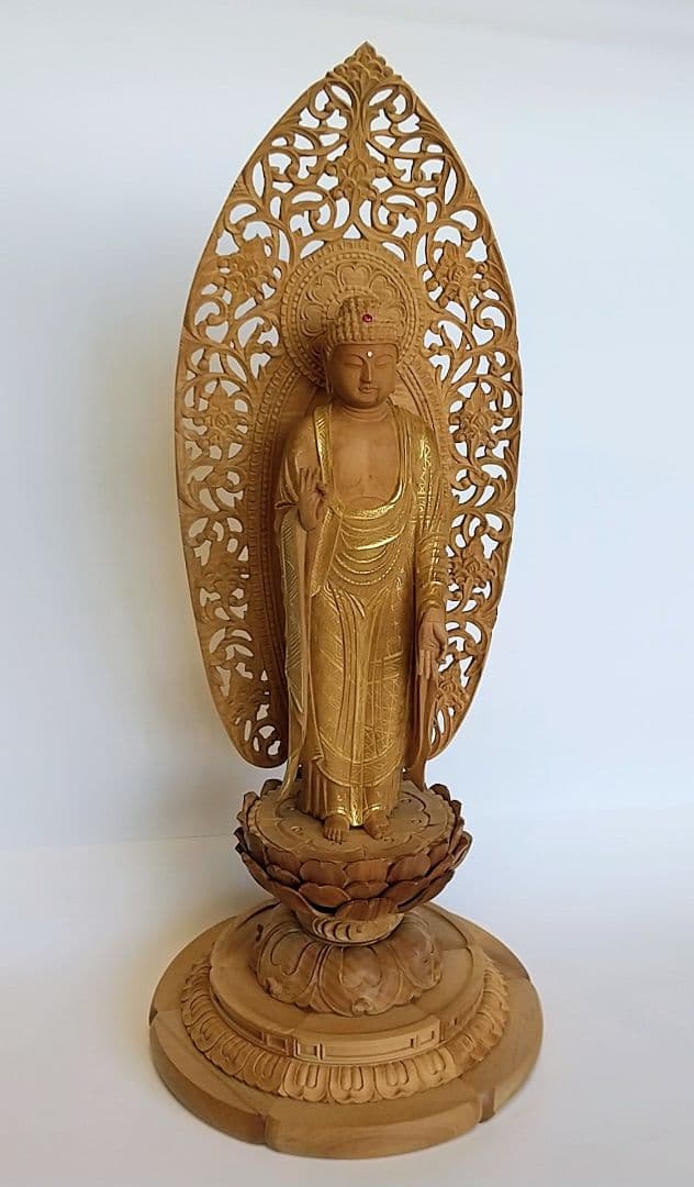 阿弥陀如来立像 5寸 #660 円台座 宝相華唐草 透彫り◆白檀 木彫 仏像