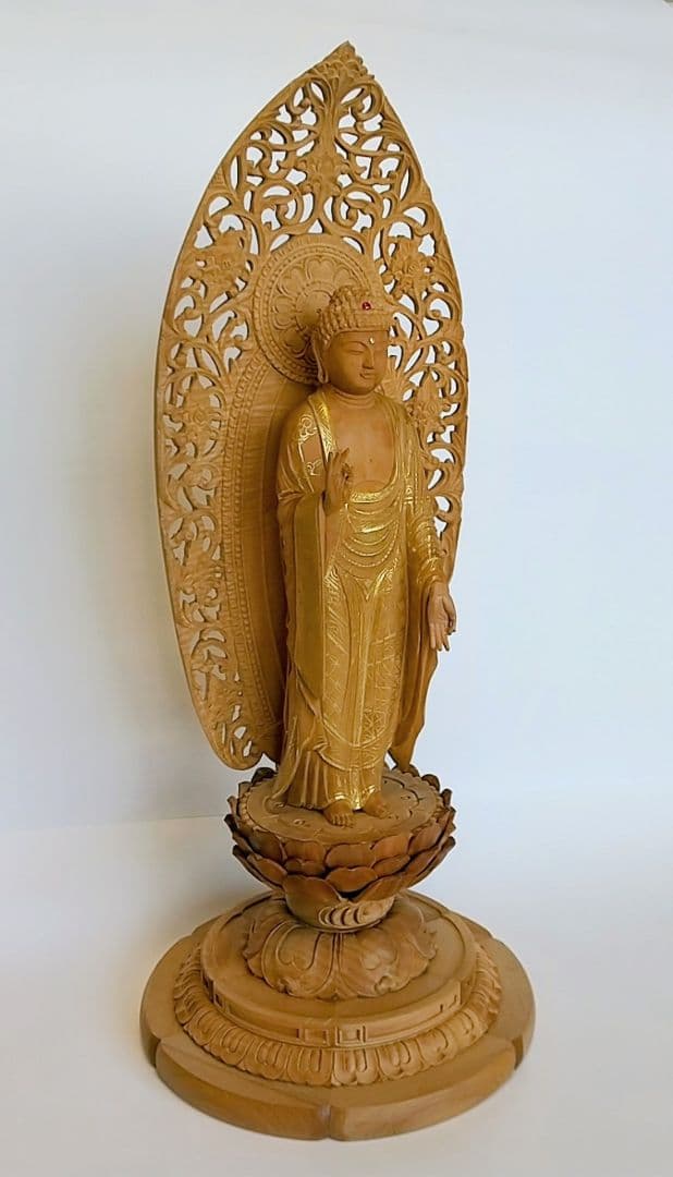 阿弥陀如来立像 5寸 #660 円台座 宝相華唐草 透彫り◆白檀 木彫 仏像