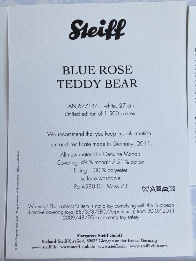 【再値下げ】Steiff ブルーローズテディベア 2011年1500体限定