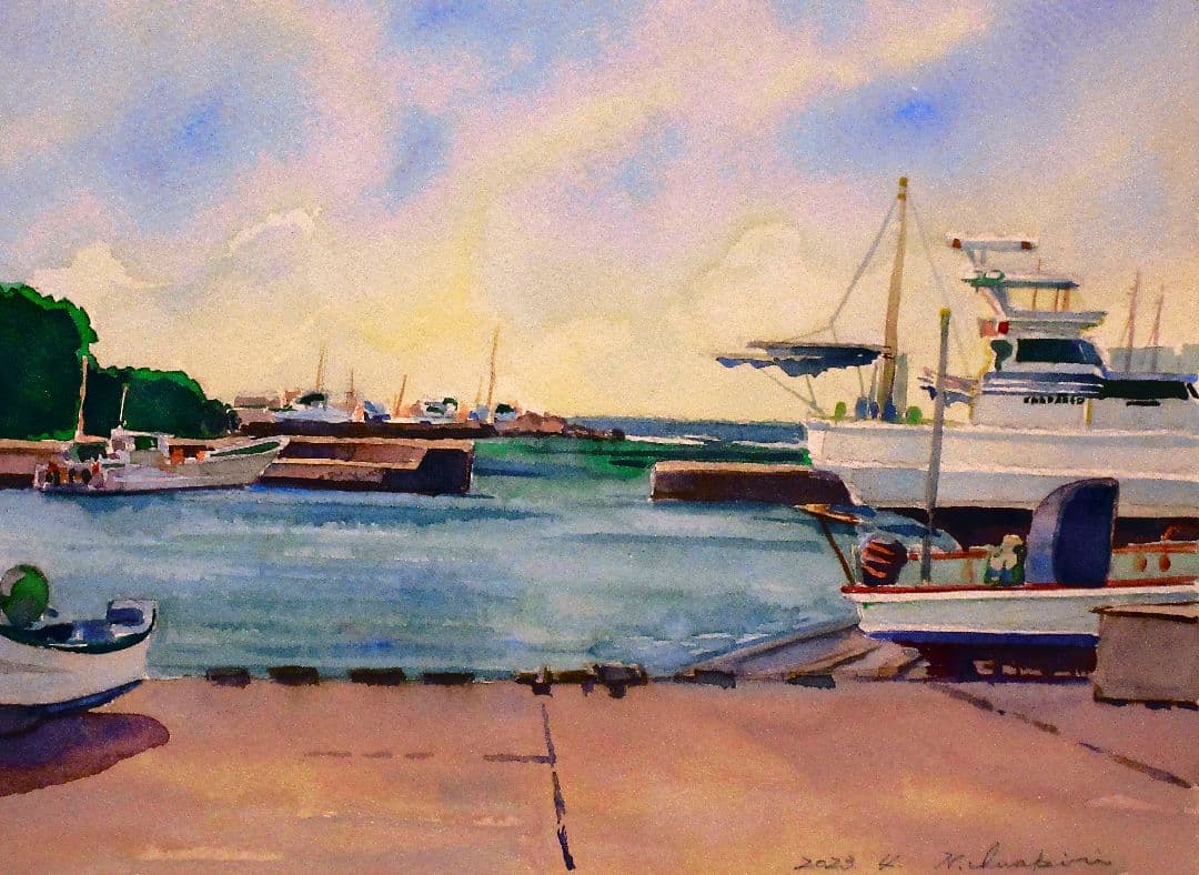 港の風景 水彩画 2023年制作 額装済み F6サイズ