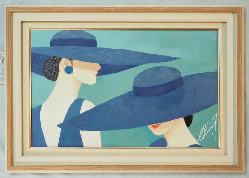 【値下げ】油絵　美人像　鶴田一郎　M10号　笠美人　額付き　手描き　肉筆