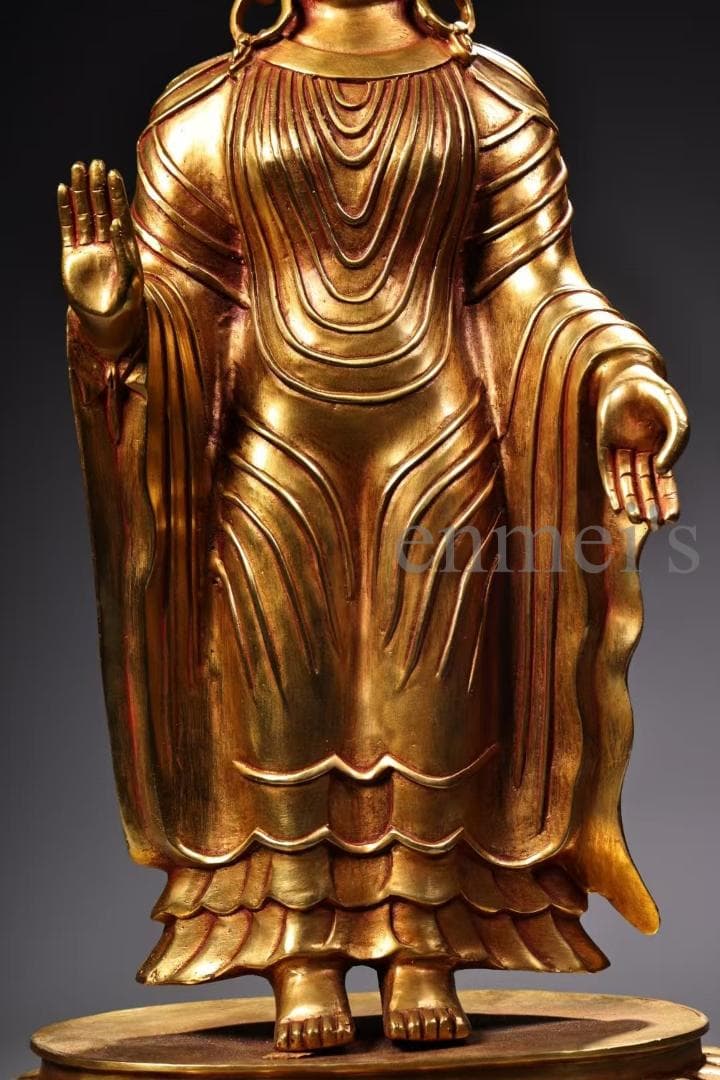 中国古美術・純銅製・鎏金仏像・北魏様式仏像／立像・仏教美術・高浮彫・風水置物