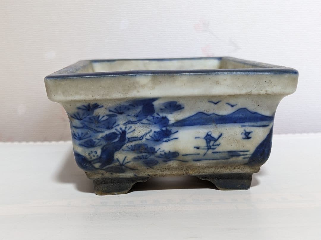 ♦染付山水図 長方角鉢 小品盆栽鉢 ミニ盆栽鉢 作家物 美術品 工芸品 骨董品