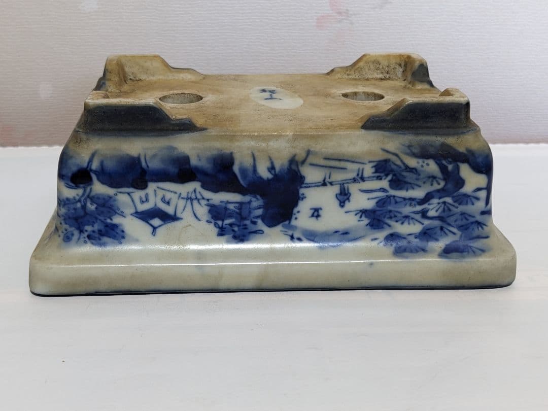 ♦染付山水図 長方角鉢 小品盆栽鉢 ミニ盆栽鉢 作家物 美術品 工芸品 骨董品