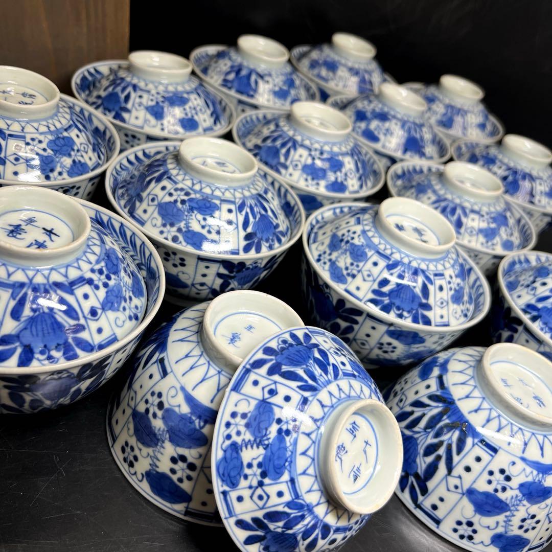 江戸中期　古伊万里染付芙蓉手蓋茶碗　14客と身1点　木箱　東Y8-0116☆2F