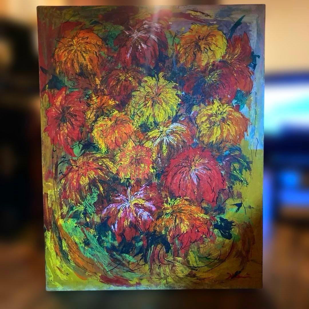 【絵画】50号 無題 花の絵 (アクリル絵具 蝋 油性マーカー) 極彩色