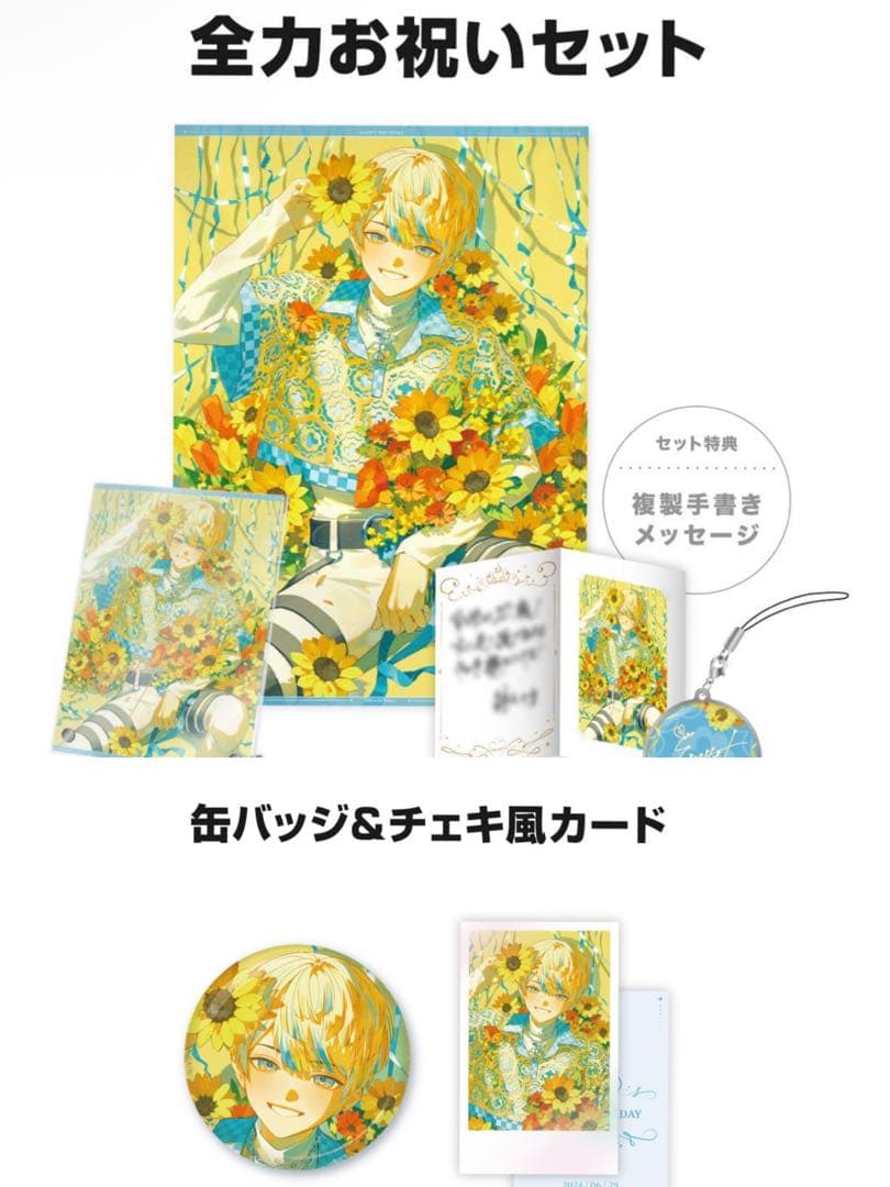 緋八マナ 誕生日グッズ 全力お祝いセット＋缶バッジ&チェキ風カード