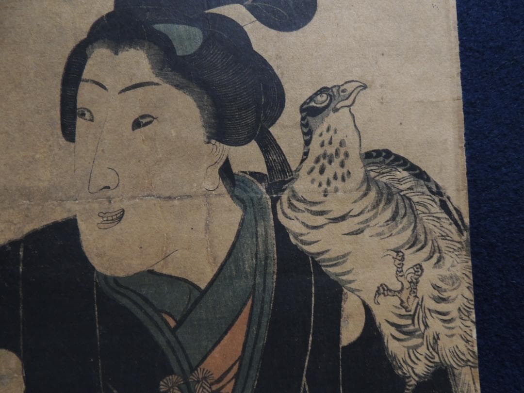 浮世絵「若侍と鷹」鷹狩？作者不明＞刀、まげ、家紋、浮世絵、江戸、Ukiyoe