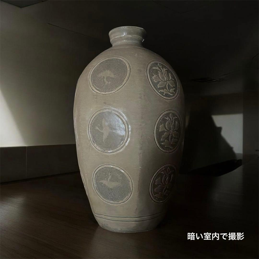 梅瓶 李朝時代 高麗 青磁 カケあり 貫入 朝鮮古美術 草花紋様 骨董 鶴 壺