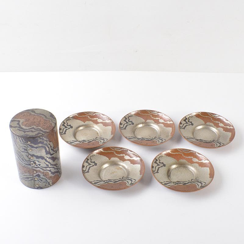 煎茶道具　富貴堂造　鎚起銅器　茶筒　茶托五客　共箱　2点まとめて　M　R6508