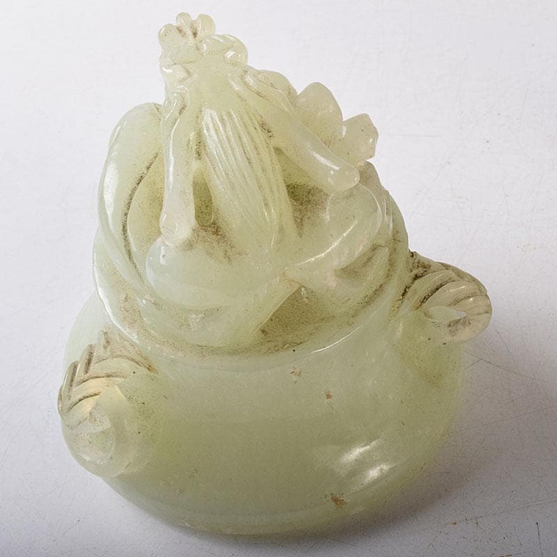 中国　玉石彫刻　雙耳活環　獅子鈕蓋爐　三足香炉　唐木台付　C　8256