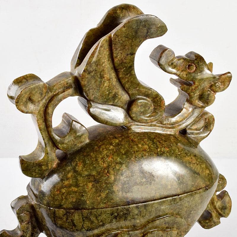 中国　玉石碧玉彫刻　龍鈕蓋爐　獅子香炉　飾壷　唐木台付　M　4741B
