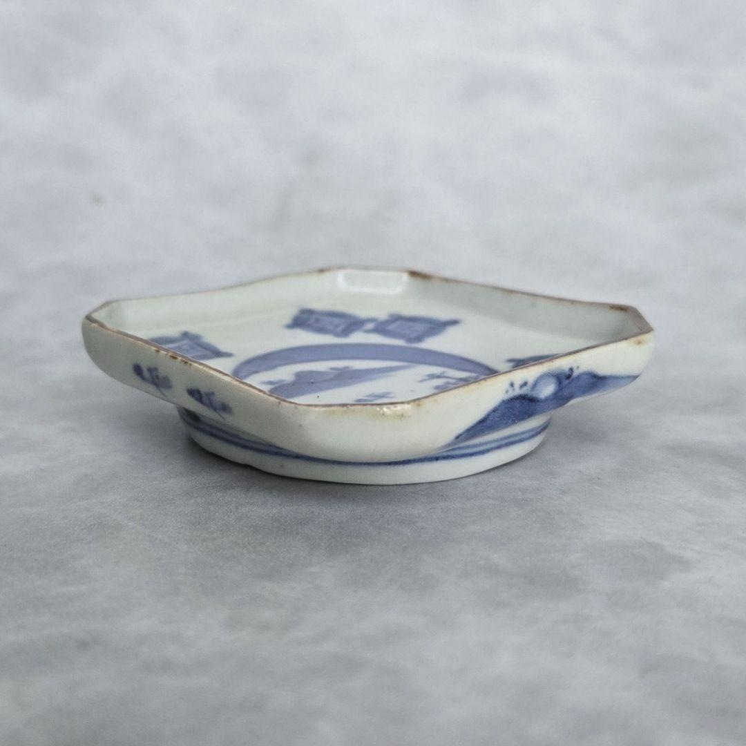 古伊万里　染付　豆皿　小皿　七宝　月　江戸　金直し　金継ぎ　骨董　アンティーク