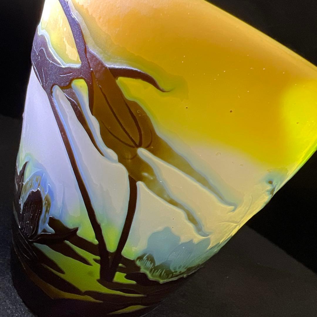 エミール・ガレ　三色酸化腐食彫花瓶　ケース付　鑑定証書付　東Y8-0210☆1F